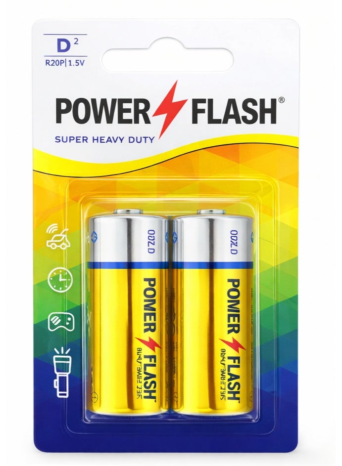 POWER FLASH D Zinc Batteries 1.5V – Super Heavy Duty – 2 Pieces Card Pack - Image 1