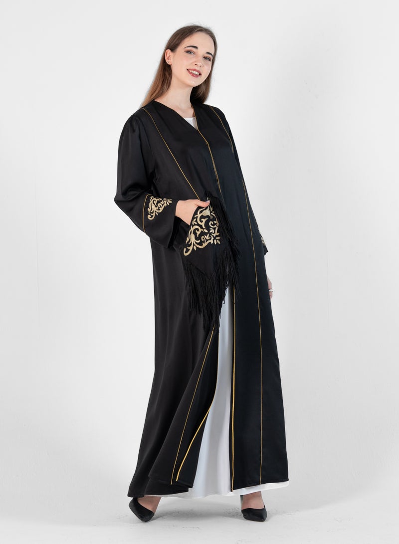 Rosette Abaya Open Bisht with Gold Embroidery - Image 1