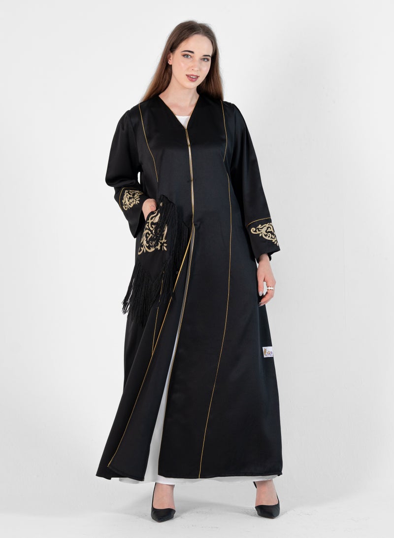 Rosette Abaya Open Bisht with Gold Embroidery - Image 2