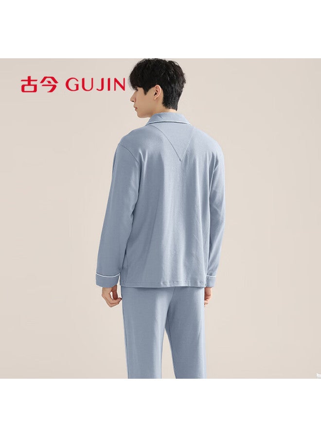 Gujin Men's Pajamas Spring And Autumn Pure Cotton Long Sleeve Long Pants Lapel Cardigan New Style Homewear Set Suitable For Outdoor Wear - Image 2