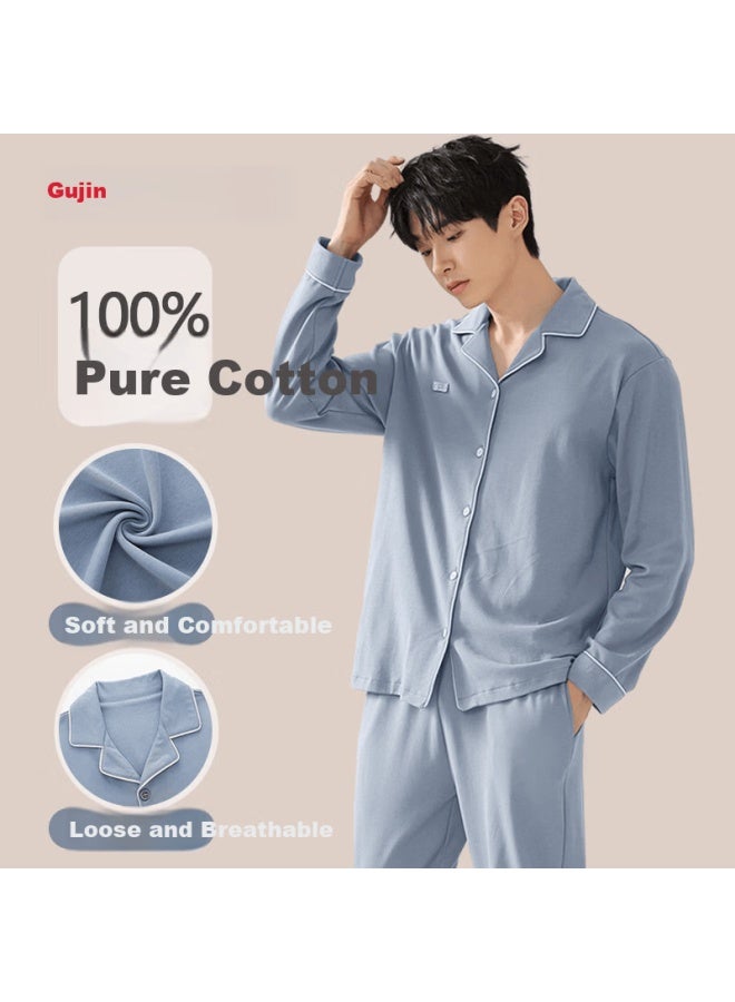 Gujin Men's Pajamas Spring And Autumn Pure Cotton Long Sleeve Long Pants Lapel Cardigan New Style Homewear Set Suitable For Outdoor Wear - Image 1