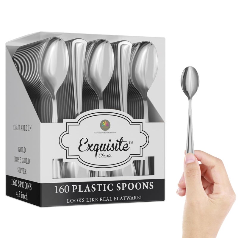 Exquisite Silver Plastic Tea Spoons Heavy Duty 160 Pieces Silver Plastic Silverware Heavy Duty Disposable Silverware Set Disposable Tea Spoons Eating Utensils Sets Flatware Set For Parties Events