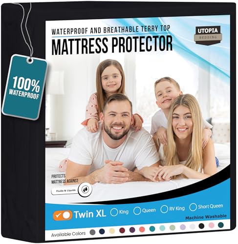 Utopia Bedding Waterproof Mattress Protector Twin XL Size Premium Terry Mattress Cover 200 GSM Breathable Fitted Style with Stretchable Pockets Black