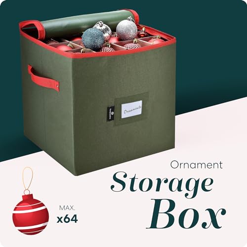 Handy Laundry, Christmas Ornament Storage, Stores up to 64 Holiday Ornament, Adjustable Dividers, Zippered Top, Two Handles Attractive Storage Box Keeps Decorations Clean & Dry for Next Season, Green - Image 2