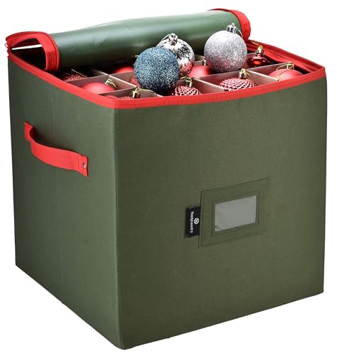 Handy Laundry, Christmas Ornament Storage, Stores up to 64 Holiday Ornament, Adjustable Dividers, Zippered Top, Two Handles Attractive Storage Box Keeps Decorations Clean & Dry for Next Season, Green - Image 1
