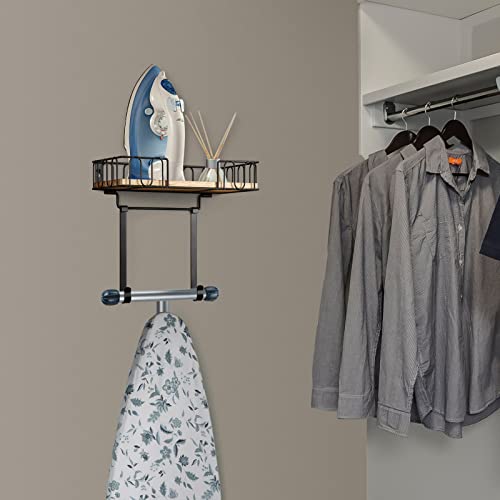 TJMOREE TJ.MOREE Ironing Board Hanger Metal Wall Mount Iron and Ironing Board Holder, Laundry Room Decor and Storage with Large Storage Black Wooden Base Basket and Removable Hooks - Image 3