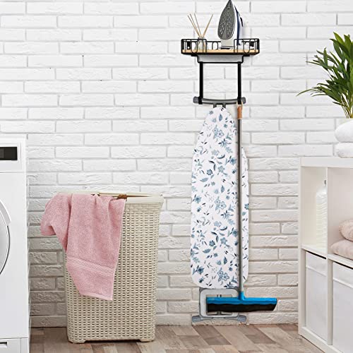 TJMOREE TJ.MOREE Ironing Board Hanger Metal Wall Mount Iron and Ironing Board Holder, Laundry Room Decor and Storage with Large Storage Black Wooden Base Basket and Removable Hooks - Image 4