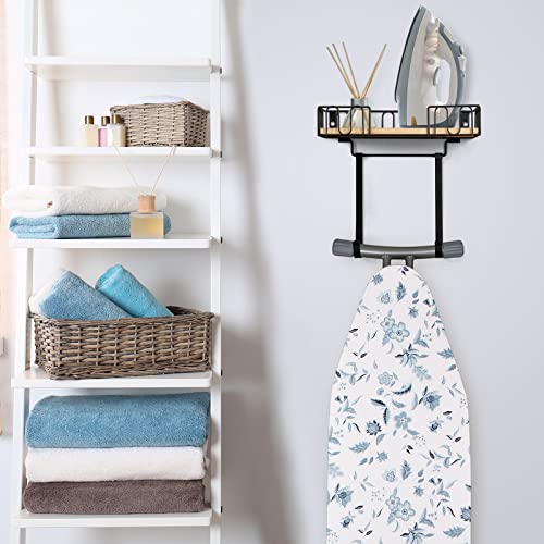 TJMOREE TJ.MOREE Ironing Board Hanger Metal Wall Mount Iron and Ironing Board Holder, Laundry Room Decor and Storage with Large Storage Black Wooden Base Basket and Removable Hooks - Image 2