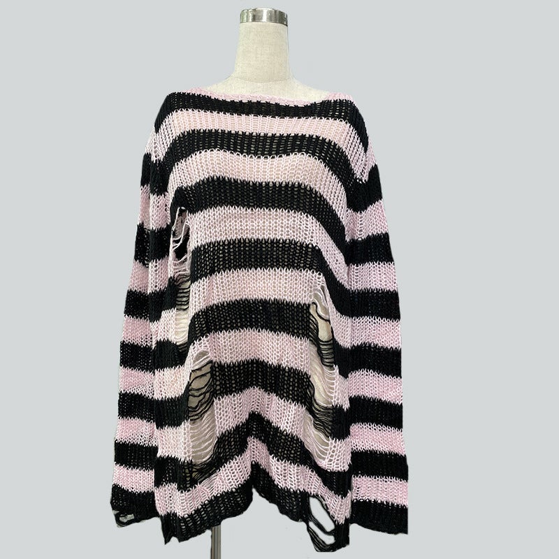 New Women Striped Knit Sweater Pullover long fluorescent green  - Image 2