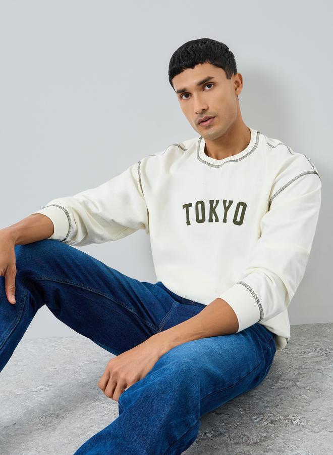 Styli Men Cream Tokyo Print Terry Sweatshirt - Image 1