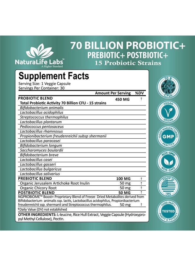 NaturaLife Labs Probiotics 70 Billion Cfu 15 Probiotic Strains + Organic Prebiotic+ Postbiotic 3In1 Complete Promotes Healthy Digestive & Immune Function Gas Bloating Constipation Support For Men & Women - Image 3