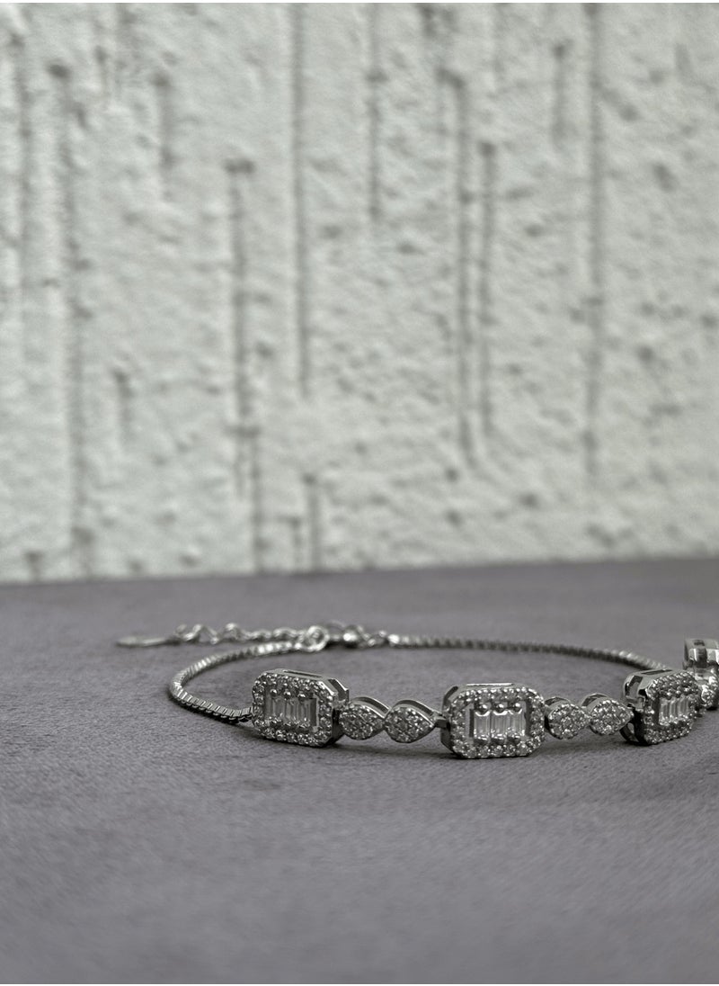 Al Kasr Jewelry Regal Cascade Bracelet - Adjustable Sterling Silver 925 with Zircon and Baguette Stones - Plated Rhodium White Gold 18K  - Image 3