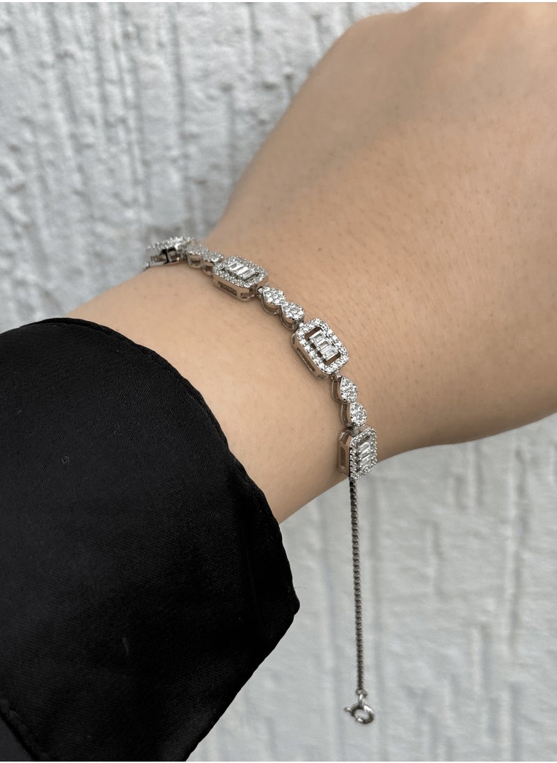 Al Kasr Jewelry Regal Cascade Bracelet - Adjustable Sterling Silver 925 with Zircon and Baguette Stones - Plated Rhodium White Gold 18K  - Image 2