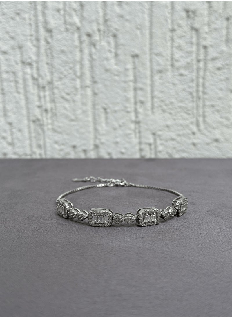 Al Kasr Jewelry Regal Cascade Bracelet - Adjustable Sterling Silver 925 with Zircon and Baguette Stones - Plated Rhodium White Gold 18K  - Image 1