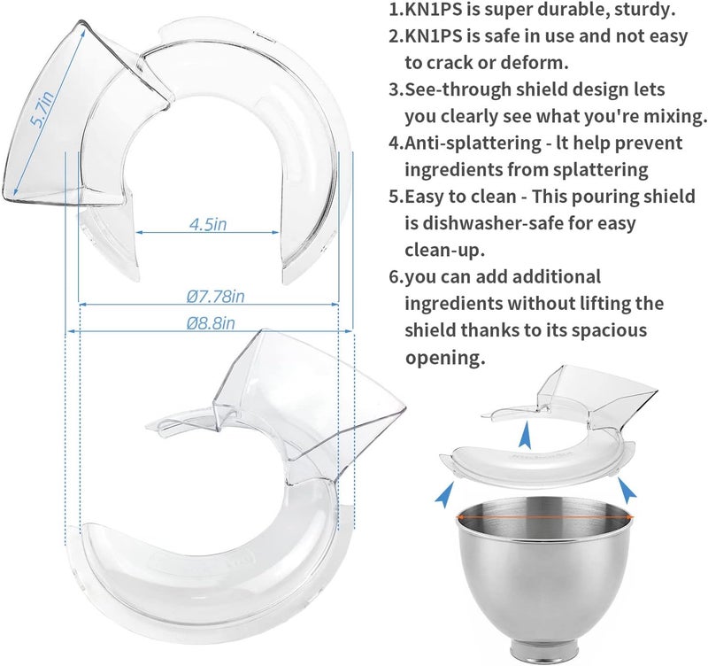 Pokin Pouring Shield for KitchenAid Tilt Head 4.5-5QT (Only) Stainless Steel Bowl Insert, KN1PS Transparent Splash Guard, Safety Pouring Shield Fits Kitchen Aid Standing Mixer Attachments & Accessories - Image 2