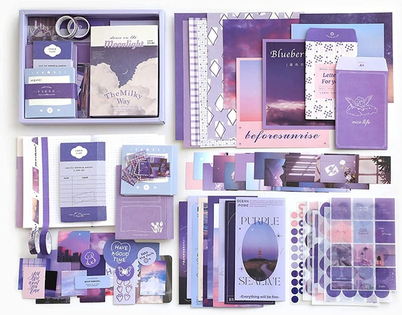 JOLYMIT 346 Pcs Scrapbook Gift Set Vintage Theme A6 Notebook Stickers Washi Tape Set Aesthetic Decorative Sticker Junk Journal DIY Craft Wall Decor Ideal Gifting for Teens Girls Purple