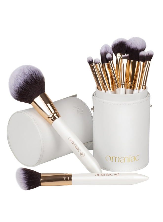 OMANIAC Makeup Brush Set Professional, 12 Pearlescent Wood Handle Makeup Brushes, Premium Cruelty-Free Synthetic Fiber Hair, Travel Make up Brushes Set with Case (White). - Image 1