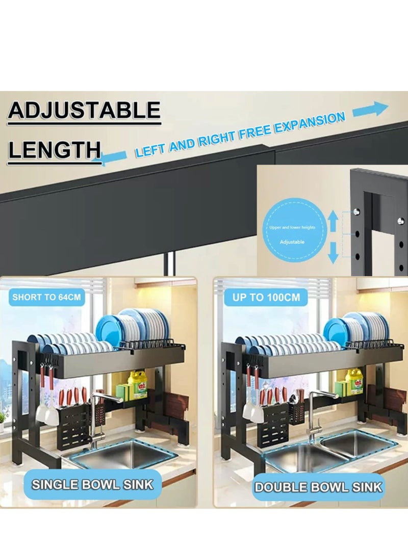 Toshionics رف صحون قابل للتعديل بطول 64 - 100 سم فوق الحوض، قوي جداً، قابل لتعديل الطول والارتفاع، حامل صحون كبير لتجفيف الصحون مع حامل أدوات لتنظيم سطح المطبخ - 3 طبقات - Image 3
