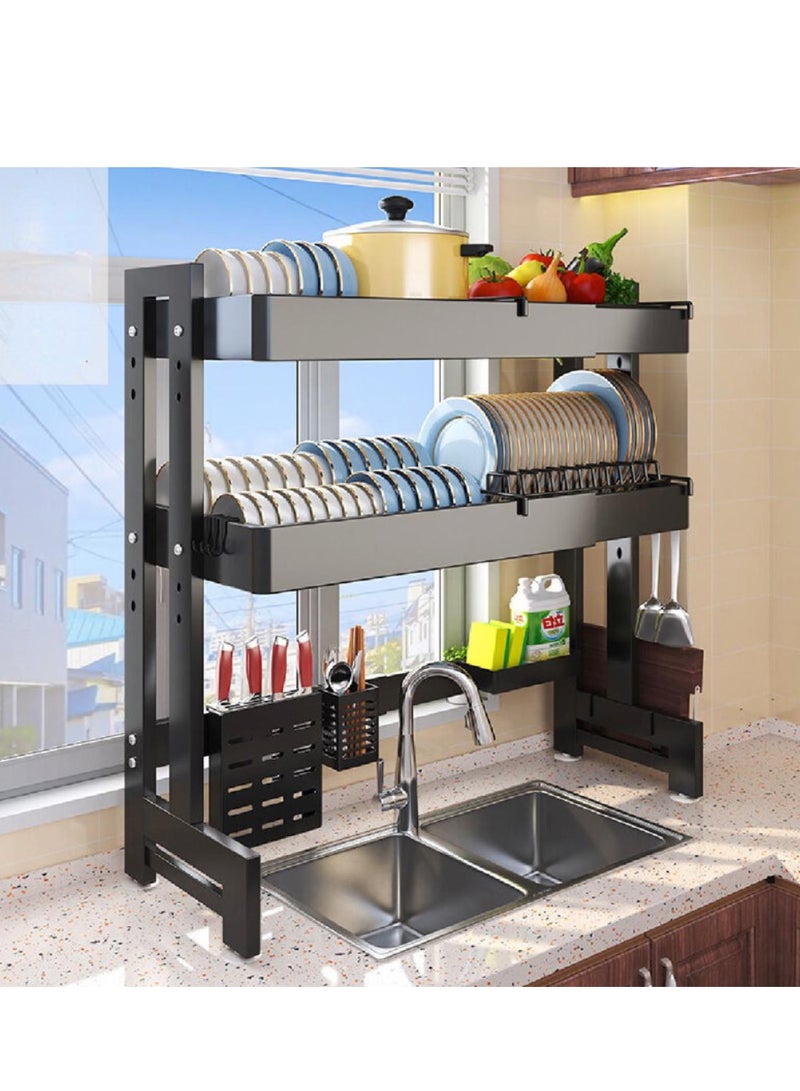 Toshionics رف صحون قابل للتعديل بطول 64 - 100 سم فوق الحوض، قوي جداً، قابل لتعديل الطول والارتفاع، حامل صحون كبير لتجفيف الصحون مع حامل أدوات لتنظيم سطح المطبخ - 3 طبقات - Image 1