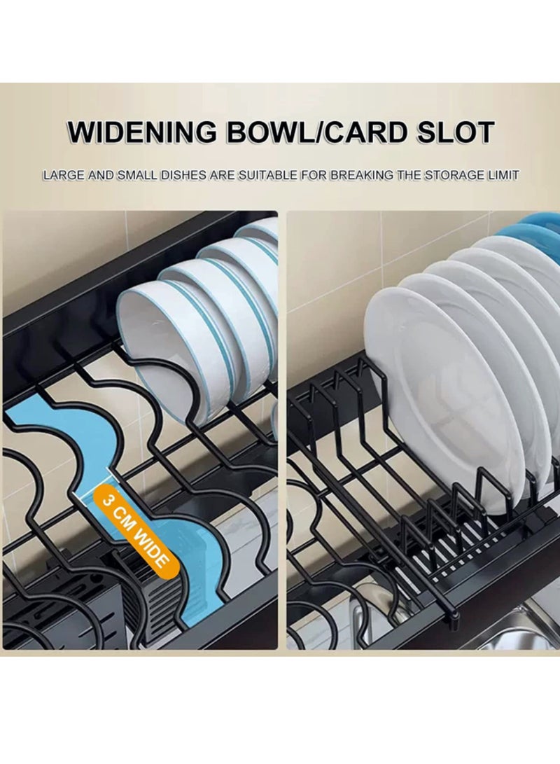 Toshionics رف صحون قابل للتعديل بطول 64 - 100 سم فوق الحوض، قوي جداً، قابل لتعديل الطول والارتفاع، حامل صحون كبير لتجفيف الصحون مع حامل أدوات لتنظيم سطح المطبخ - 3 طبقات - Image 4