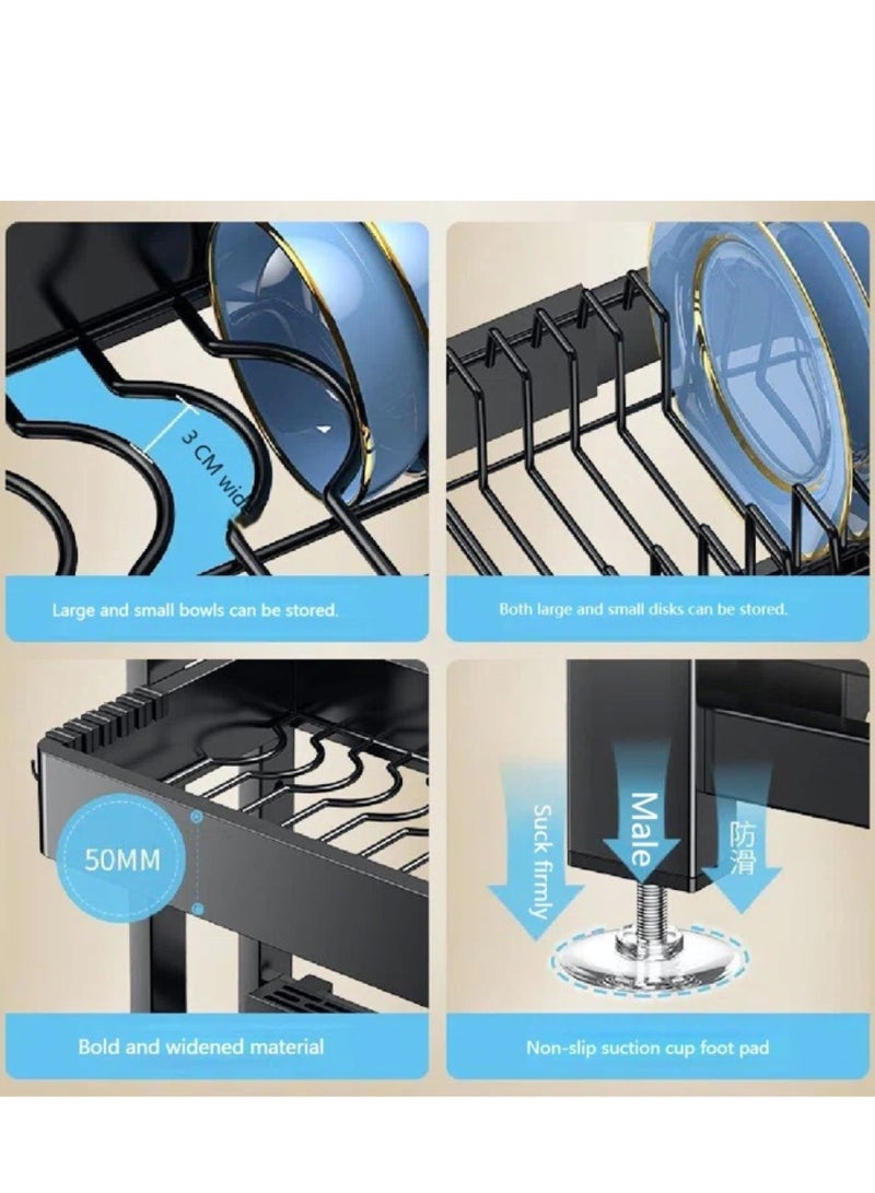 Toshionics رف صحون قابل للتعديل بطول 64 - 100 سم فوق الحوض، قوي جداً، قابل لتعديل الطول والارتفاع، حامل صحون كبير لتجفيف الصحون مع حامل أدوات لتنظيم سطح المطبخ - 3 طبقات - Image 5