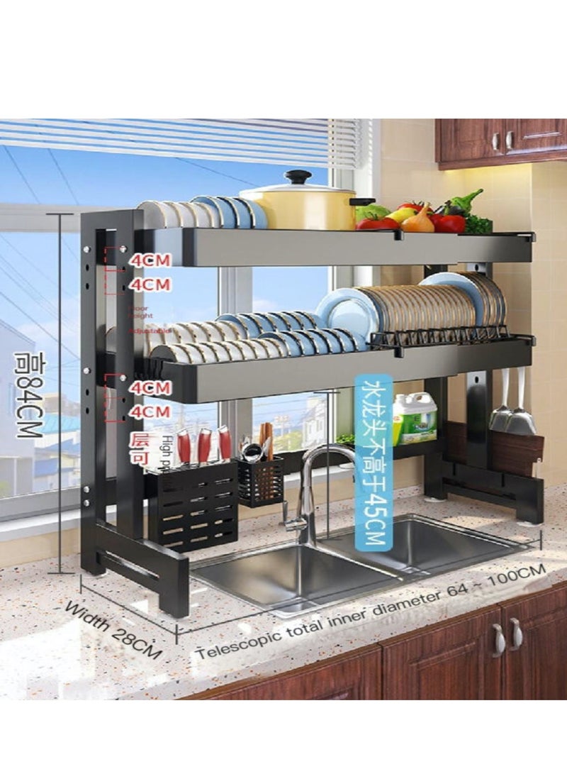 Toshionics رف صحون قابل للتعديل بطول 64 - 100 سم فوق الحوض، قوي جداً، قابل لتعديل الطول والارتفاع، حامل صحون كبير لتجفيف الصحون مع حامل أدوات لتنظيم سطح المطبخ - 3 طبقات - Image 2