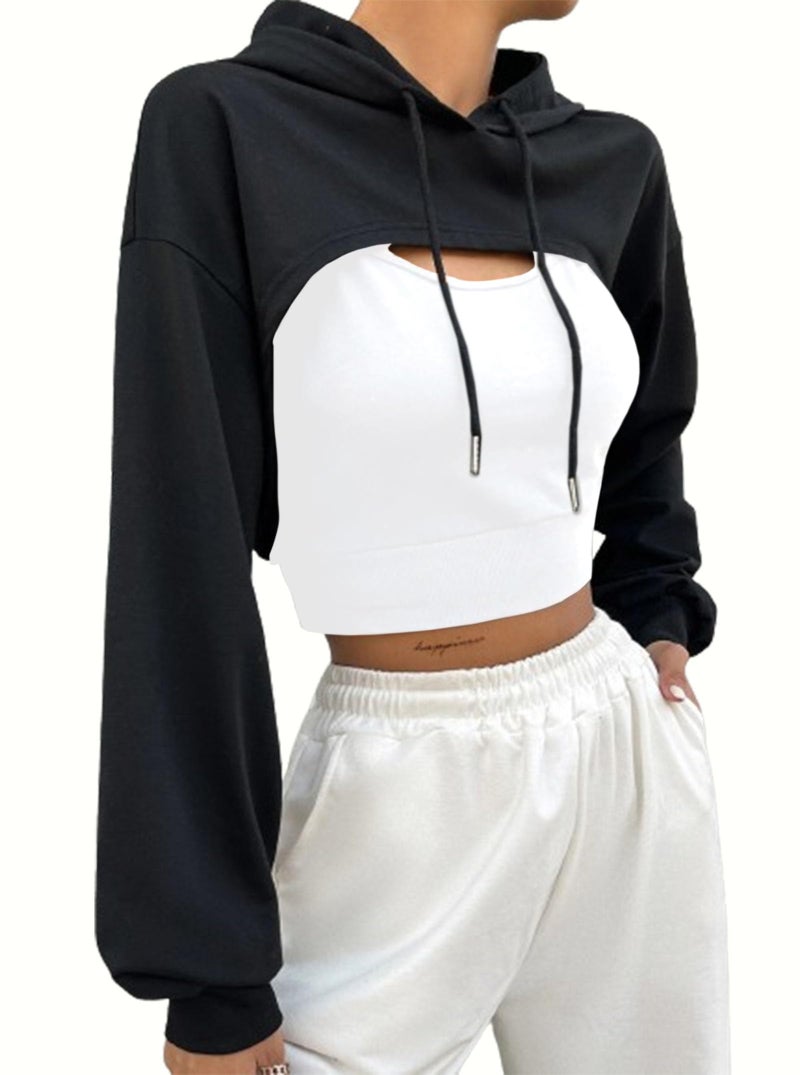 Hilinker Women's Long Sleeve Cropped Hoodie Workout Drawstring Super Crop Tops Black Medium - Image 1