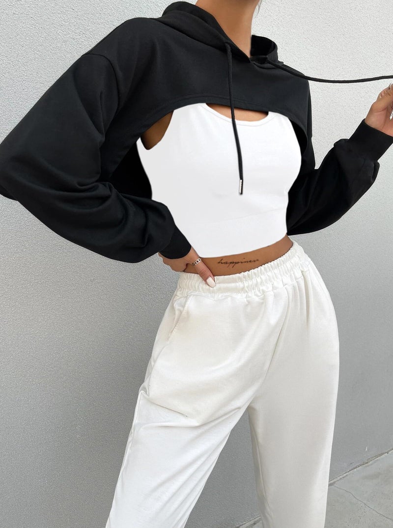Hilinker Women's Long Sleeve Cropped Hoodie Workout Drawstring Super Crop Tops Black Medium - Image 3
