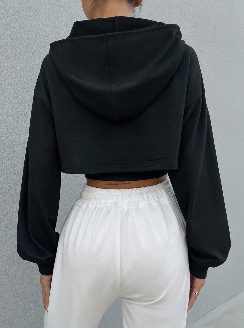 Hilinker Women's Long Sleeve Cropped Hoodie Workout Drawstring Super Crop Tops Black Medium - Image 2