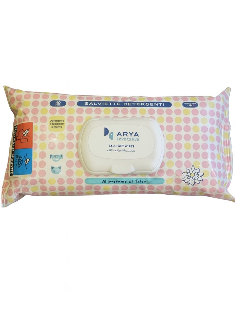 Aryaa Cat Wipes Talc Scent - 40 Wipes - Italian Made Cat Wet Wipes