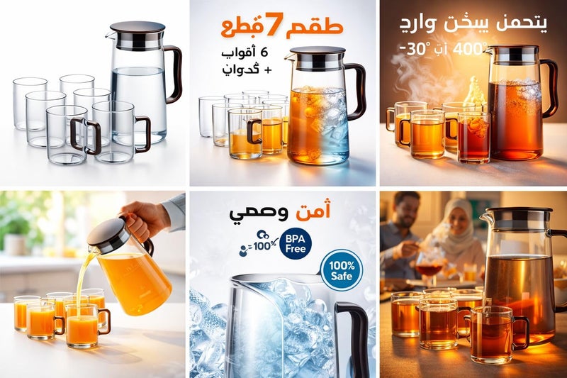 Thermal Glass Carafe with 6 Cups 1.5L | Juice & Tea Serving Set | High & Cold Temperatures | Chic Hospitality Design - Image 2