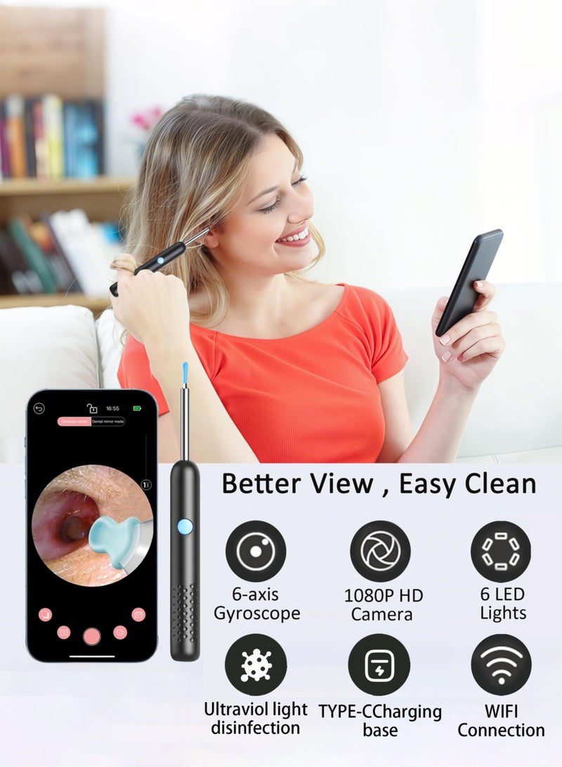 Generic Earwax removal tool, ear cleaner with camera and 6 LED lights, charging base with purple light disinfection, HD otoscope, 8 replaceable ear spoon heads, 9 ear cleaning kits, ear tool for iOS and Android devices (black)  - Image 2