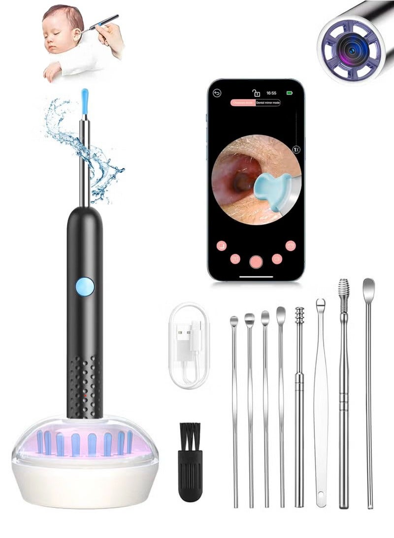 Generic Earwax removal tool, ear cleaner with camera and 6 LED lights, charging base with purple light disinfection, HD otoscope, 8 replaceable ear spoon heads, 9 ear cleaning kits, ear tool for iOS and Android devices (black)  - Image 1