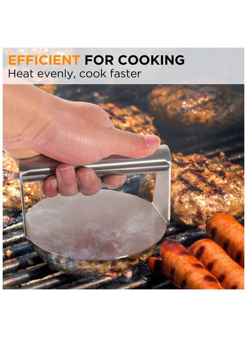 هاهاهاي مكبس برجر من الفولاذ المقاوم للصدأ ، كسارة مستديرة مقاس 5.5 بوصة ، مكبس برجر ناعم غير لاصق ، قاع مسطح بدون أخاديد ، شواية مثالية للطهي بالشواء ، شواية مسطحة ، صانع فطيرة همبرغر وشحوم مضغوطة ، سهلة التنظيف - Image 3