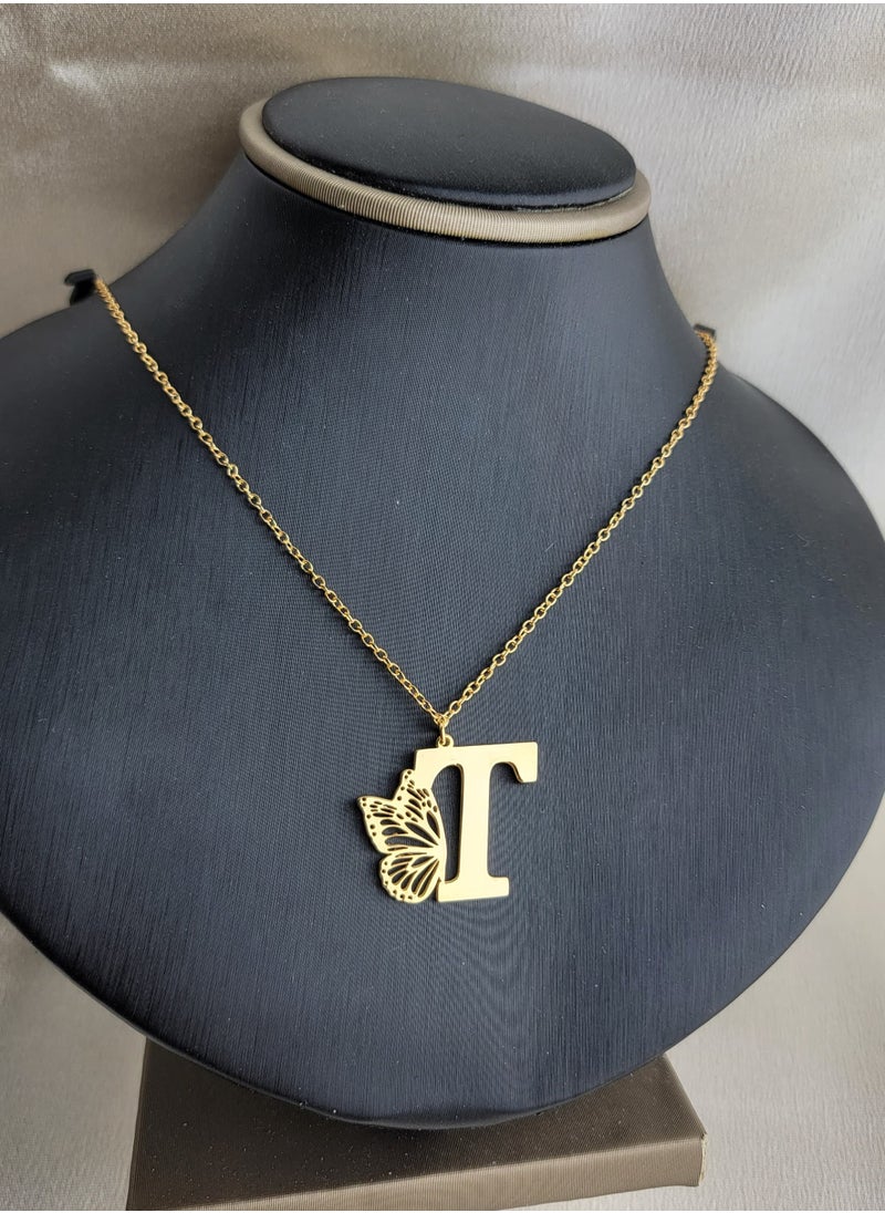 Generic Gold Butterfly Letter T Necklace for Women 21K Gold Plated Butterfly Wing Pendant Necklace Butterfly Alphabet Charm Name Initial Necklace Adjustable Trendy Birthday Jewelry Gift for Women  - Image 1