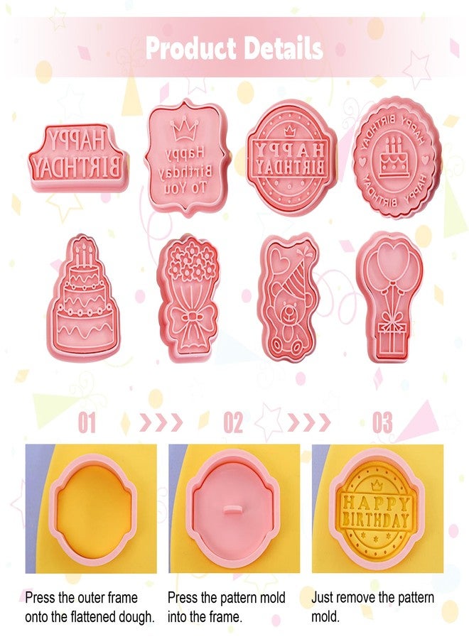 Ysqool 8Pcs Happy Birthday Cookie Cutters Set,3D Plastic Cookie Stamps for Baking,Cute Embossing Mold Press Cookie Mould Kitchen Tools for Birthday Party Biscuit Fondant Snacks Making (Birthday) - Image 3