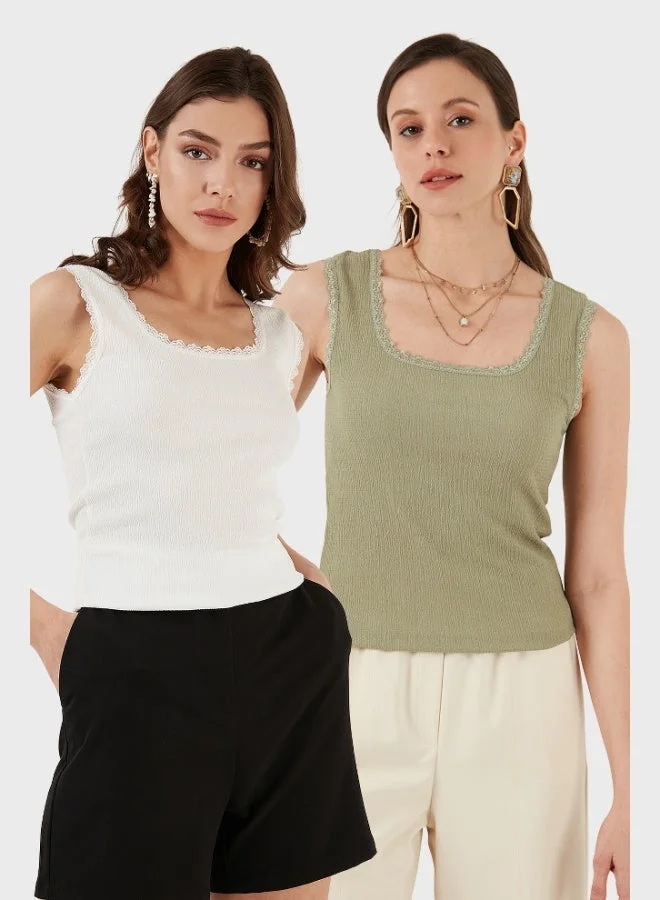 Lela Lela Slim Fit Thick Lace Square Neck Crepe 2-Pack Undershirt Women's Undershirt 5864979S2