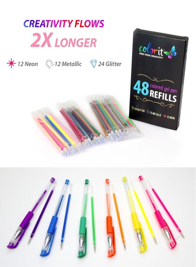 كولور إت عبوات حبر أقلام جل ColorIt 48 للألوان اللامعة والمعدنية والنيون - مرمزة بالألوان لسهولة الاستبدال (جل) - Image 2