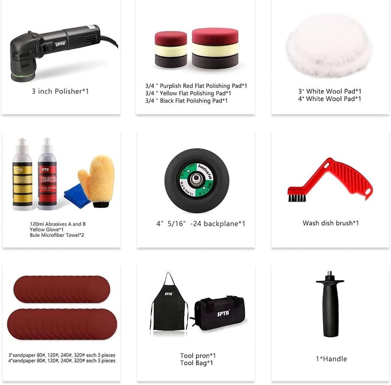 SPTA Buffer Polisher, Orbital Car Polisher 3 Inch 10mm/780W Variable Speed Orbit Dual Action Polisher Auto Detailing Tools with DA Polishing Pads+Sanding Discs+Pad Conditioning Brush+Scratch Remover - Image 1