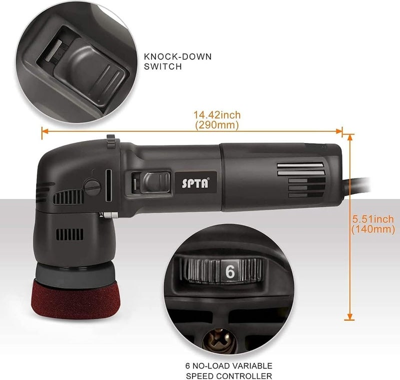 SPTA Buffer Polisher, Orbital Car Polisher 3 Inch 10mm/780W Variable Speed Orbit Dual Action Polisher Auto Detailing Tools with DA Polishing Pads+Sanding Discs+Pad Conditioning Brush+Scratch Remover - Image 2