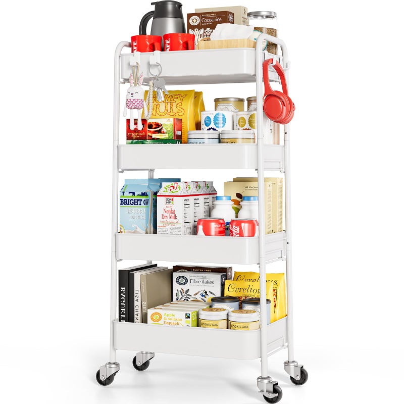 TOOLF 4-Tier Rolling Cart - Metal Storage Organizer with Lockable Wheels, 44 lbs Per Shelf Capacity, Tool-Free Assembly, for Kitchen Bathroom Office Laundry Room Nursery, White - Image 1