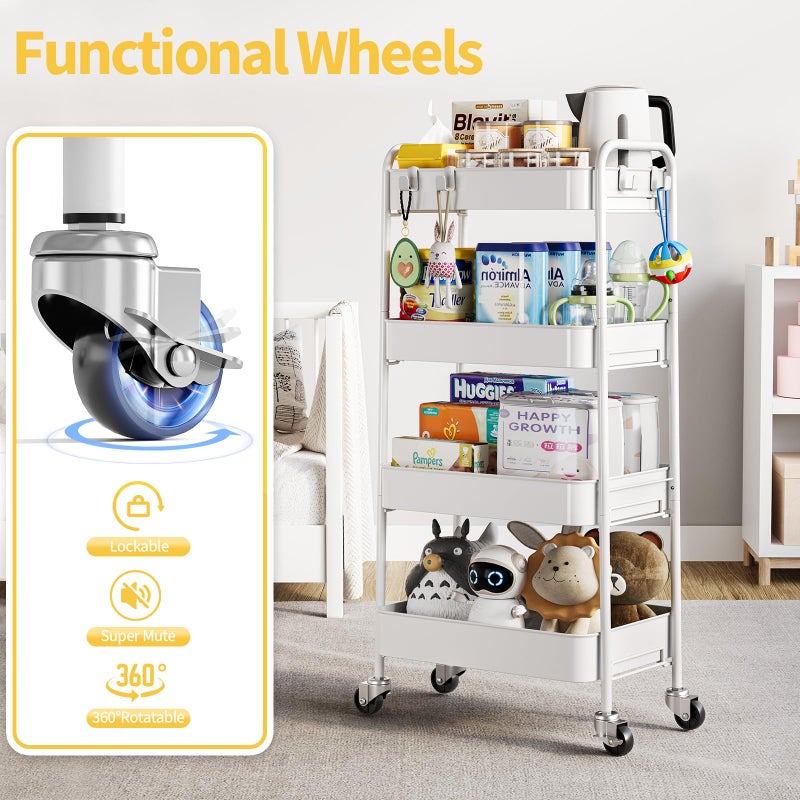 TOOLF 4-Tier Rolling Cart - Metal Storage Organizer with Lockable Wheels, 44 lbs Per Shelf Capacity, Tool-Free Assembly, for Kitchen Bathroom Office Laundry Room Nursery, White - Image 4
