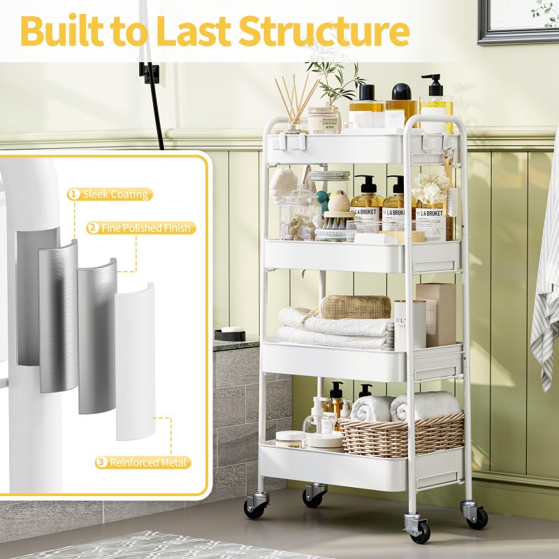 TOOLF 4-Tier Rolling Cart - Metal Storage Organizer with Lockable Wheels, 44 lbs Per Shelf Capacity, Tool-Free Assembly, for Kitchen Bathroom Office Laundry Room Nursery, White - Image 5
