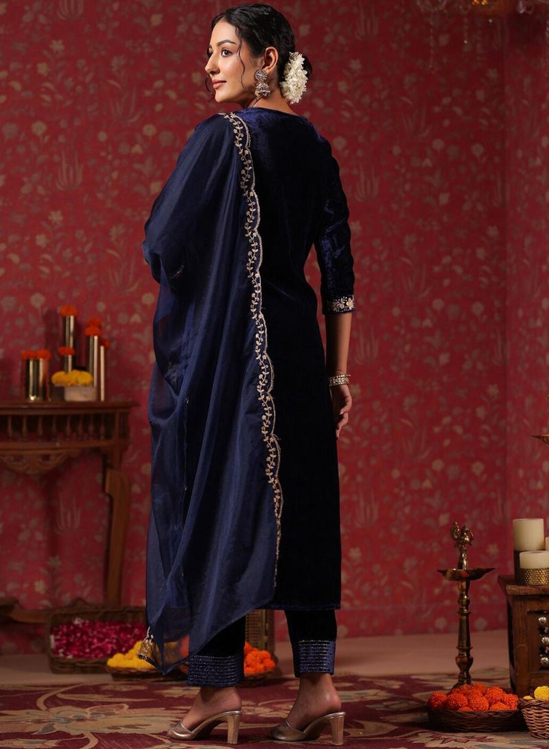 ISHIN Women'S Navy Velvet Self Design Full Length Palazzo Kurta Set - Image 5