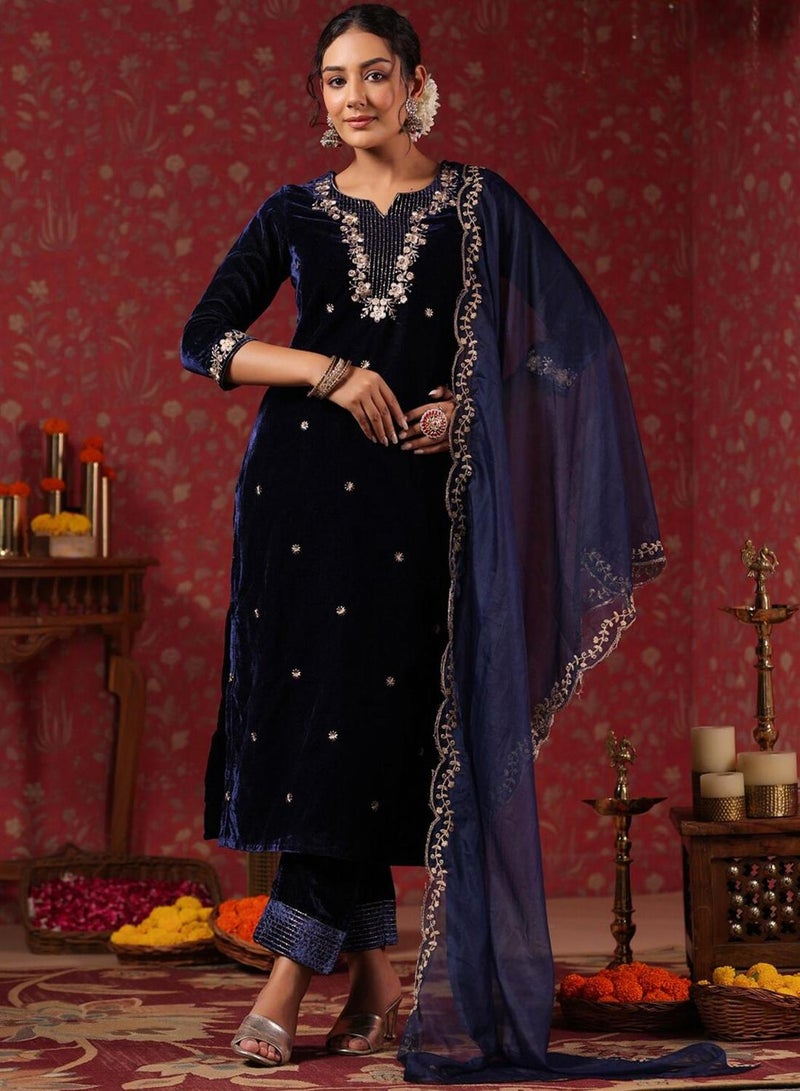 ISHIN Women'S Navy Velvet Self Design Full Length Palazzo Kurta Set - Image 4