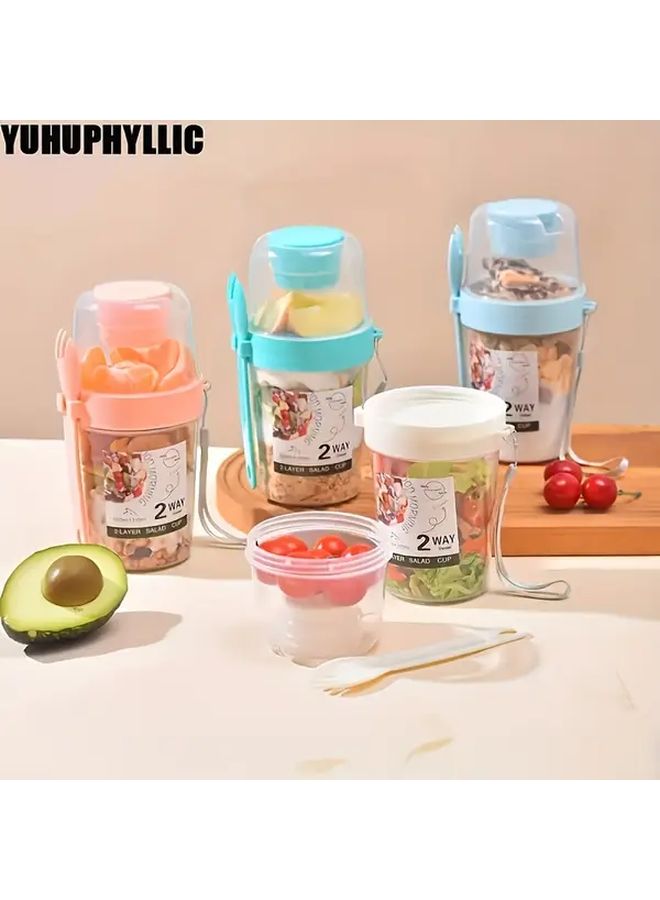 Pink Portable Salad Shaker Cup with Spoon Sauce Holder Fruit Vegetable Mixing Container for Yogurt Oatmeal - Image 2