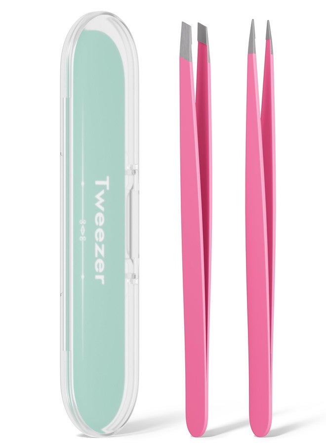 EZ2LIVE Tweezers for Women Facial Hair, Slant & Pointed Tweezers for Eyebrows, Ingrown Hair, Splinter Removal, 2 Pack Tweezer Set, Professional Stainless Steel Eyebrow Tweezers for Men and Women, Pink - Image 1