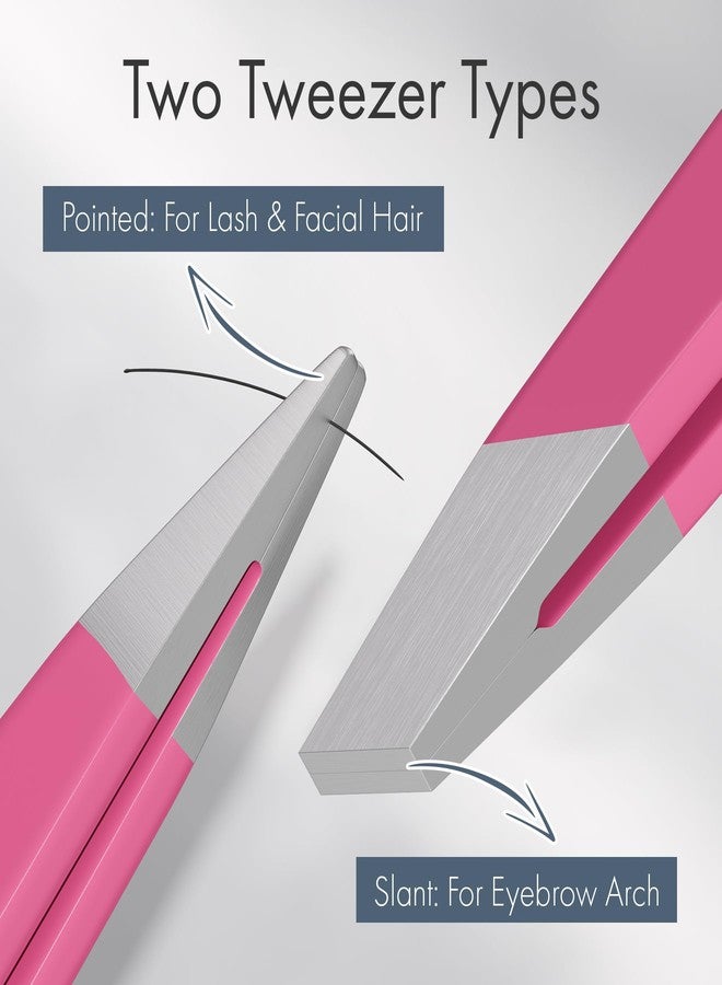 EZ2LIVE Tweezers for Women Facial Hair, Slant & Pointed Tweezers for Eyebrows, Ingrown Hair, Splinter Removal, 2 Pack Tweezer Set, Professional Stainless Steel Eyebrow Tweezers for Men and Women, Pink - Image 2