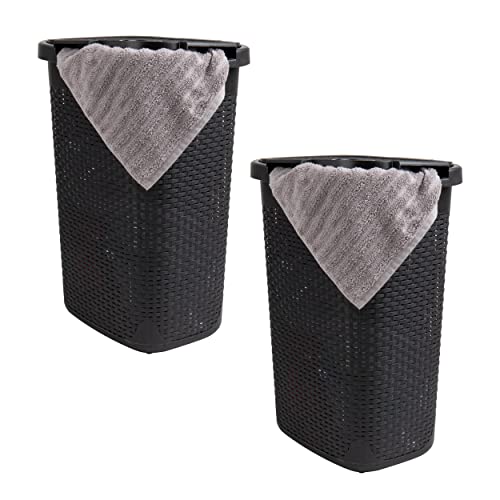 Mind Reader Slim Laundry Hamper with Lid 60L Clothes Baskets Premium Wicker Design Plastic 2Pack Black