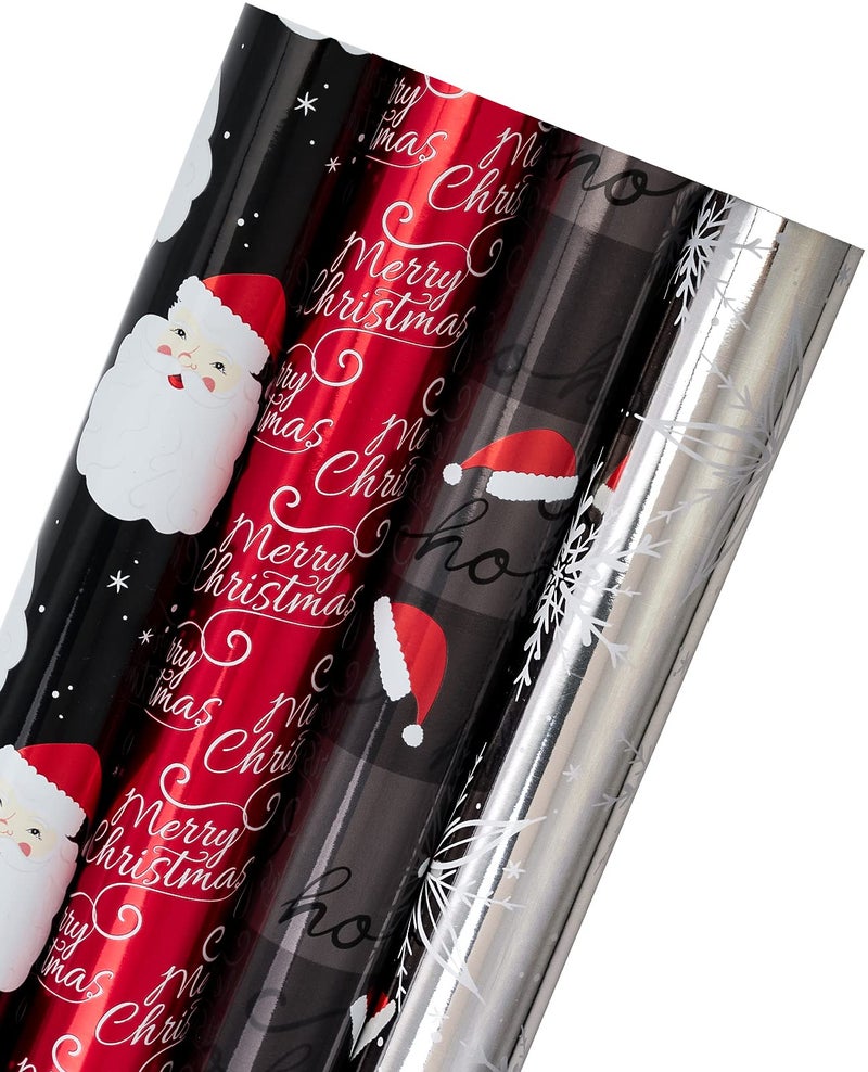 WRAPAHOLIC 30 Inch Christmas Wrapping Paper Roll  Jumbo Roll Black and Red Retro HO HO HO Santa Silver Snowflake Holiday Collection with Metallic Foil Shine  4 Rolls  30 Inch x 120 Inch Per Roll